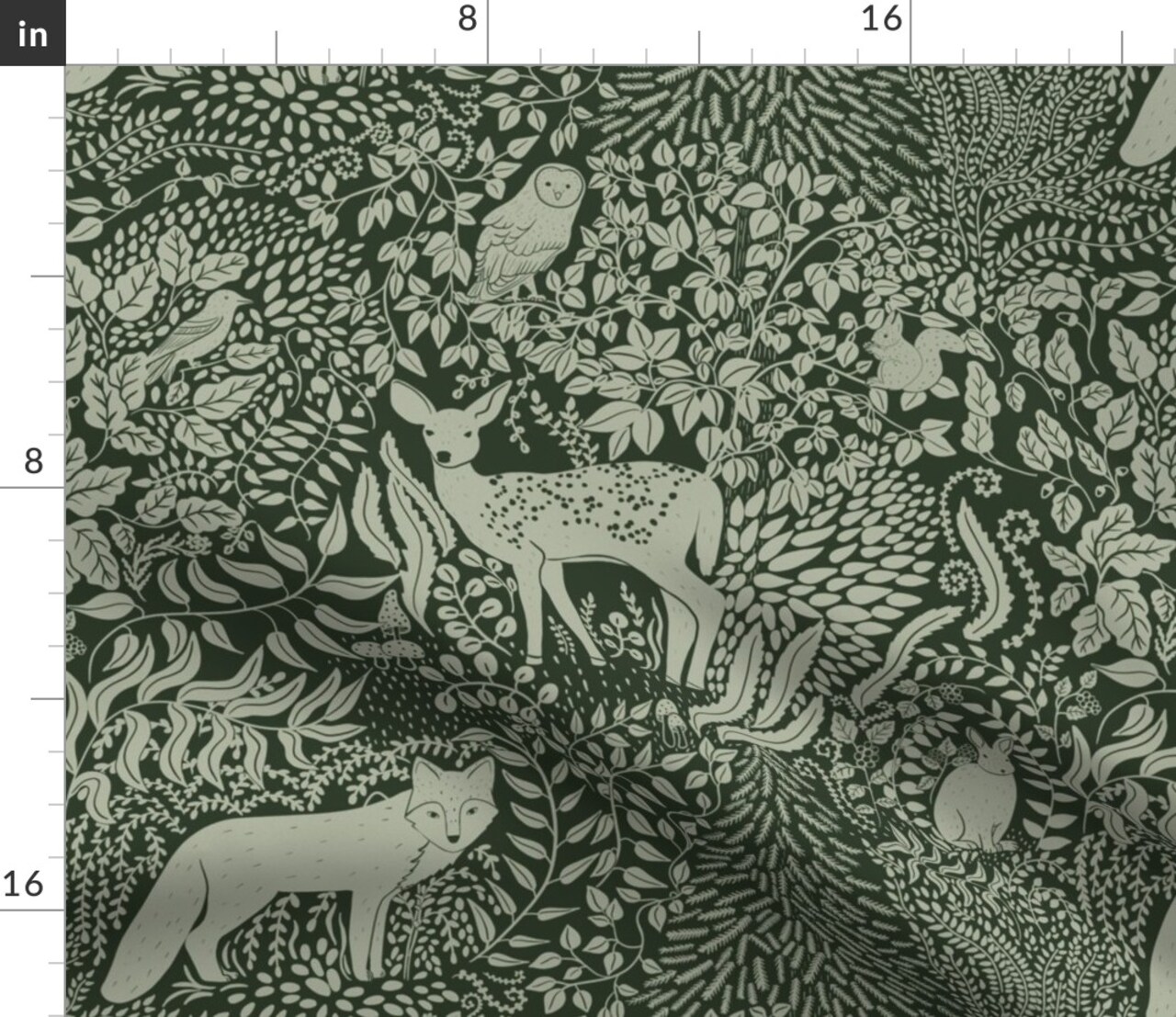 Woodland Green Monochromatic Deer Fox Owl Rabbit Squirrel Sage Green Botanical Rustic Earth Tone Custom Printed Fabric by Spoonflower Various Fabrics by the Yard or Fat Quarter